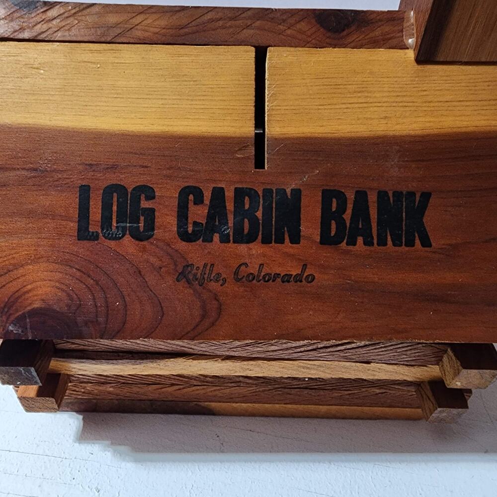 Vintage  Wooden Log Cabin Souvenir Piggy Bank w/Stopper-Rife, Colorado - Picture 2 of 10